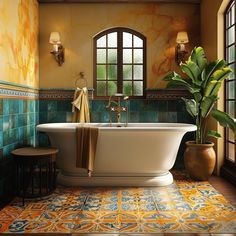 a bath tub sitting next to a potted plant in front of a window on top of a tiled floor