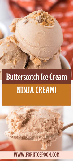 two scoops of butterscotch ice cream on top of each other with text overlay