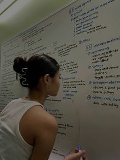 a woman writing on a whiteboard in front of a wall with words written all over it