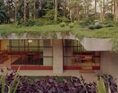 a house with a green roof in the middle of trees and grass on top of it