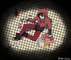 a cartoon character laying on the ground with blood all over his face and arms, wearing a red hoodie