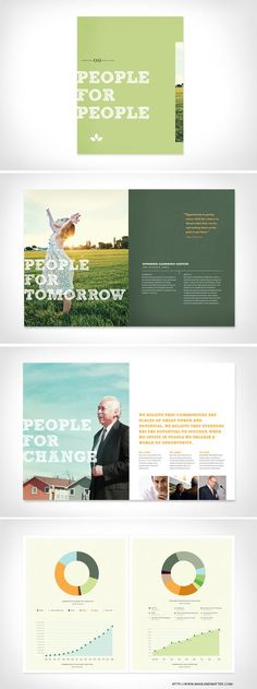 several different types of brochures with green and white designs on the front, back and