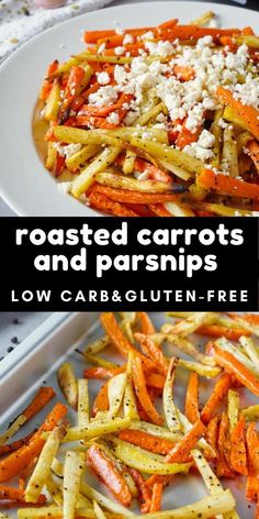 roasted carrots and parmesan cheese on a white plate with text overlay