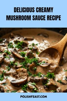 delicious creamy mushroom sauce recipe with parsley in a skillet