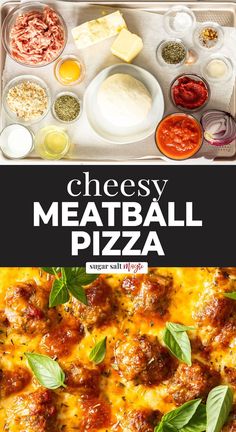 meatball pizza with cheese and sauces on the side is shown in this image