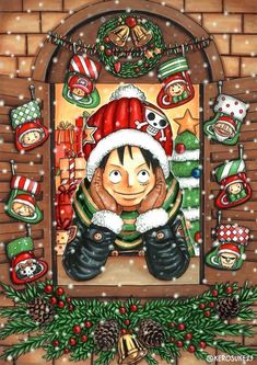 a painting of a person wearing a santa hat and boots in front of a brick wall