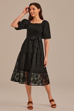 Future Wardrobe, Short Puff Sleeve, Tiered Midi Dress, Square Neck, Black Floral, Smocking, Puff Sleeve, Black Dress, Midi Dress