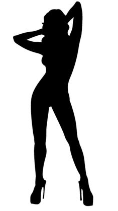 the silhouette of a woman in high heeled shoes is shown with her arms behind her head