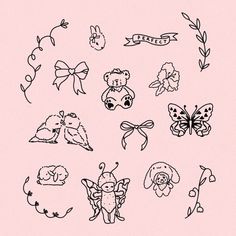 a drawing of various animals and flowers on a pink background