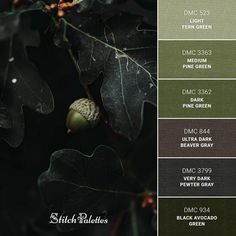 the color palette is green, brown, and black with some leaves on it in different shades