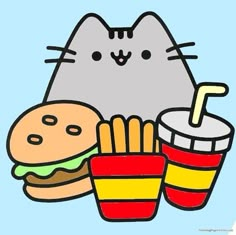 a drawing of a cat eating french fries, hamburger and sodas with a drink