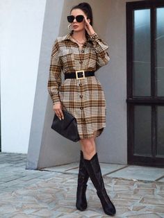 Curved Hem Shirt, Classy Fashion, Plaid Print, Women Dresses, Fashion Classy, Drop Shoulder, Fashion Inspo, Shirt Dress, Plaid