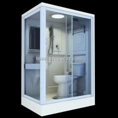 a white toilet sitting inside of a glass enclosed bathroom stall next to a sink and shower