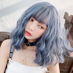 20s Hairstyle, Blue Gray Hair, Lady Anime, Wig Cute, Short Wavy Wig, Wavy Wig With Bangs, Purple Wig, Anime Wigs