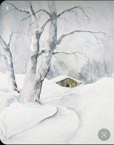 a painting of a snowy landscape with a house in the distance