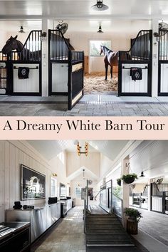 the inside and outside of a white barn with horses in stalls on either side of the door