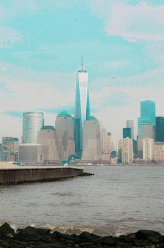 there is a large body of water in front of the cityscape and skyscrapers