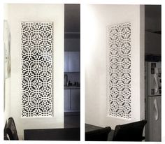 two pictures of the same room divider, one with an intricate design on it