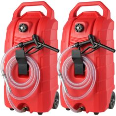 two red gas cans with hoses attached to them