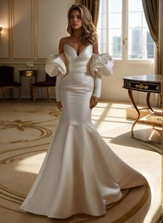 Elegant Long Sleeves Court Train Satin Wedding Dresses-Dbrbridal Wedding Dresses Ruched, Sleeve Bride Dress, Satin Bridal Gowns, Boho Bridal Gowns, Wedding Dress Fabrics, White Wedding Dress, Mermaid Wedding Dresses, فستان سهرة, Satin Wedding