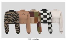 six sweaters are shown in different colors and sizes, all with zebra print on them