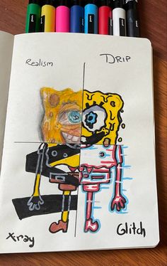 a drawing of a cartoon character on a piece of paper with crayons next to it