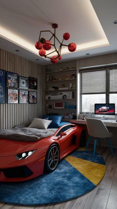 a bedroom with a car bed and desk