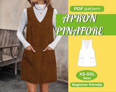 a woman wearing a brown dress and white shirt with the text, pattern apron pinafore