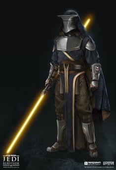 the star wars character is holding a light saber