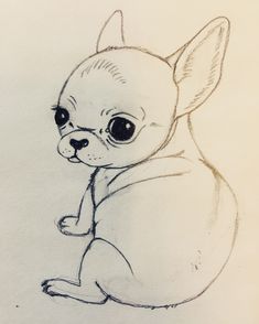 a drawing of a small dog with big eyes sitting down and looking at the camera