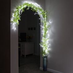 an archway decorated with vines and lights in the hallway area is lit up at night