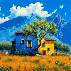 an oil painting of a blue house with a tree in the foreground and mountains in the background