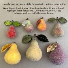 an image of pears and leaves on display with text describing them to each other