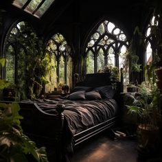 a bed sitting in the middle of a room filled with plants