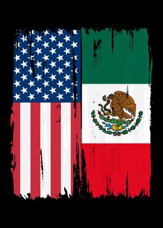 two american and mexican flags with grungy paint