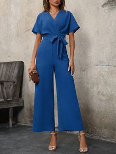 Blue Elegant Collar Half Sleeve Fabric Plain Other Embellished Non-Stretch  Women Clothing Jumpsuit Sleeves, Wide Leg Jumpsuit, Kids Beachwear, Batwing Sleeve, Bat Wings, Half Sleeve, Fashion Online Shop, Half Sleeves, All Fashion