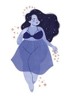 an illustration of a woman in a blue dress with stars around her neck and arms