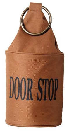 a brown bag with the words door stop printed on it and a metal ring at the top