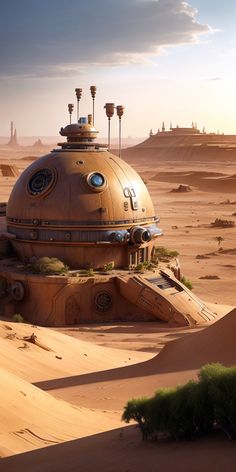 a futuristic building in the middle of desert