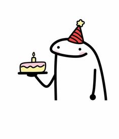 a cartoon character holding a birthday cake with a candle on it's top and wearing a party hat