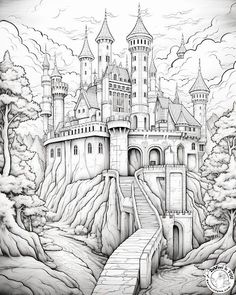 a drawing of a castle with stairs leading to it