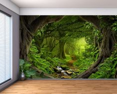 an image of a forest scene with green trees and leaves on the floor, wall mural