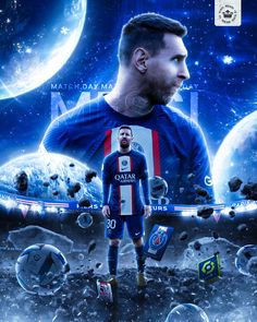 a soccer player standing in front of an image of the moon and planets with his hands on his hips