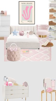 a bedroom with pink furniture and accessories in it