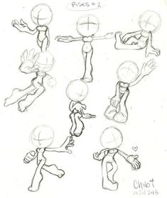 a drawing of different poses and gestures for an animation character's head, body, and arm