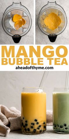 mango bubble tea recipe with oranges and blueberries in the blender to make it