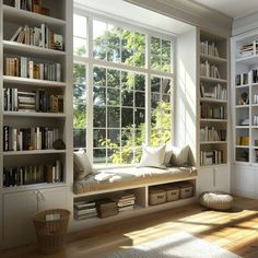 a room filled with lots of white bookshelves next to a window covered in windowsills