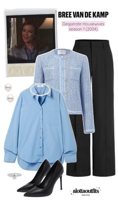 Bree Van de Kamp inspired outfit featuring a bouclé jacket, blue shirt and pearl necklace. Bree Van De Kamp Outfit, Bree Van De Kamp Aesthetic, Dh Outfits, Sophisticated Fashion, Lawyer Outfit, Outfit Inspired