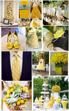 a collage of yellow and gray wedding colors with flowers in vases, bridesmaid dresses, groom