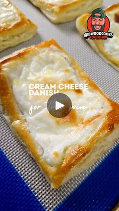 some food that is sitting on top of a blue and white mat with the words cream cheese